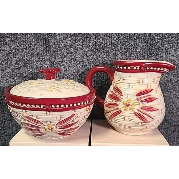 Temptations Old World Cream & Sugar Basketweave Red Pottery Country Kitchen - Picture 1 of 11